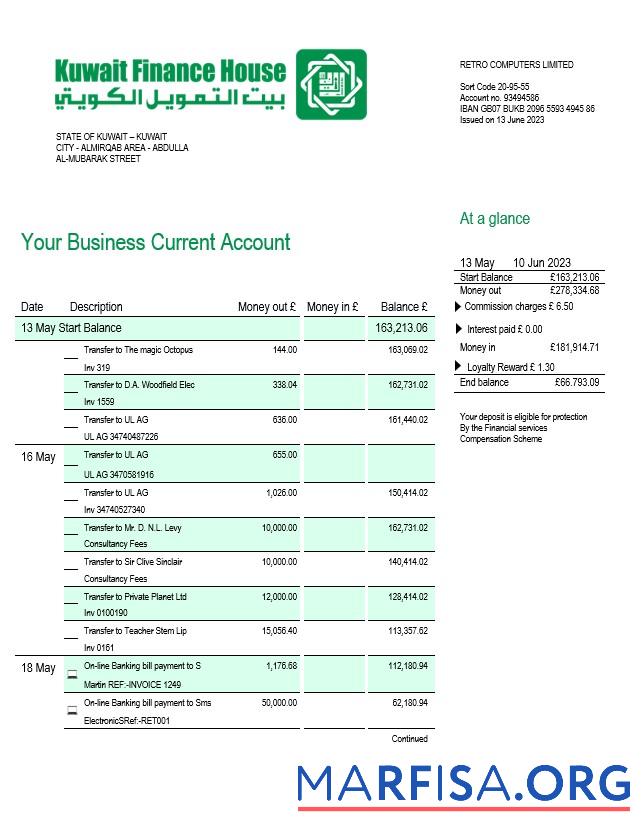 Realistic Kuwait Finance House Bank firm account statement Word and PDF template